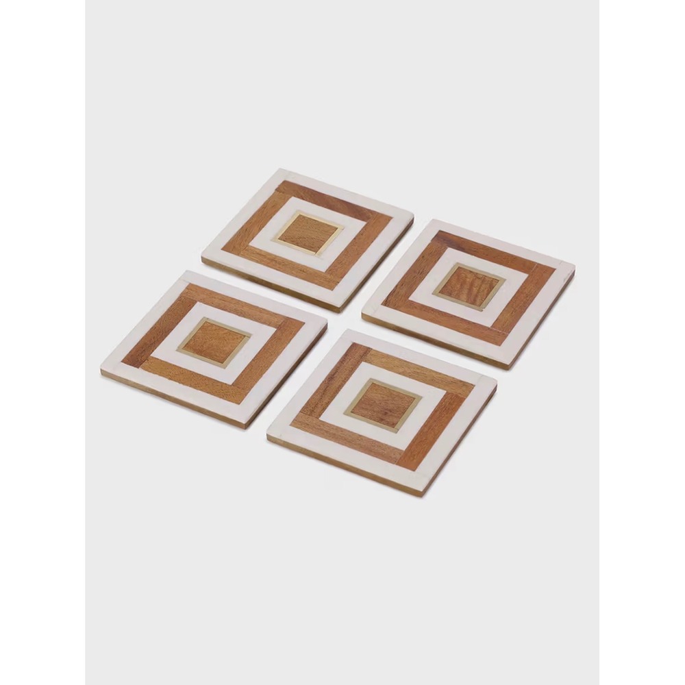FabIndia FabHOME Ayaana Wood Resin Faux Bone Brass Inlay Coasters Set of 4 White